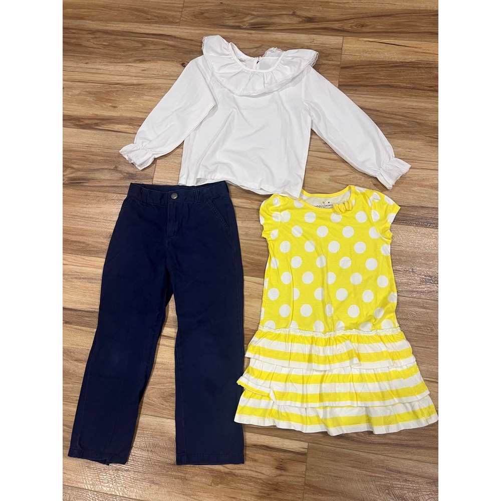 Mixed Brand Blouse Dress Pants Set Girls 6/7 White Navy Yellow 3pc Lot